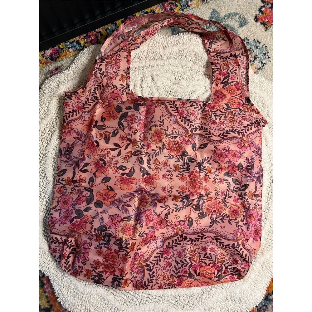 Johnny Was Reusable Packable Travel Shopping Tote Bag Floral Pink Peach - Picture 3 of 7